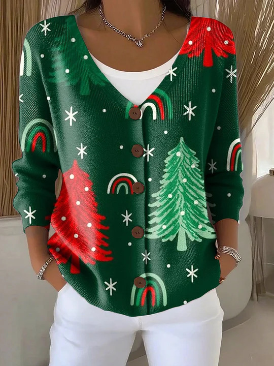 Women Christmas Cardigan Fashion Long Sleeve Button-Up Sweater Casual Streetwear